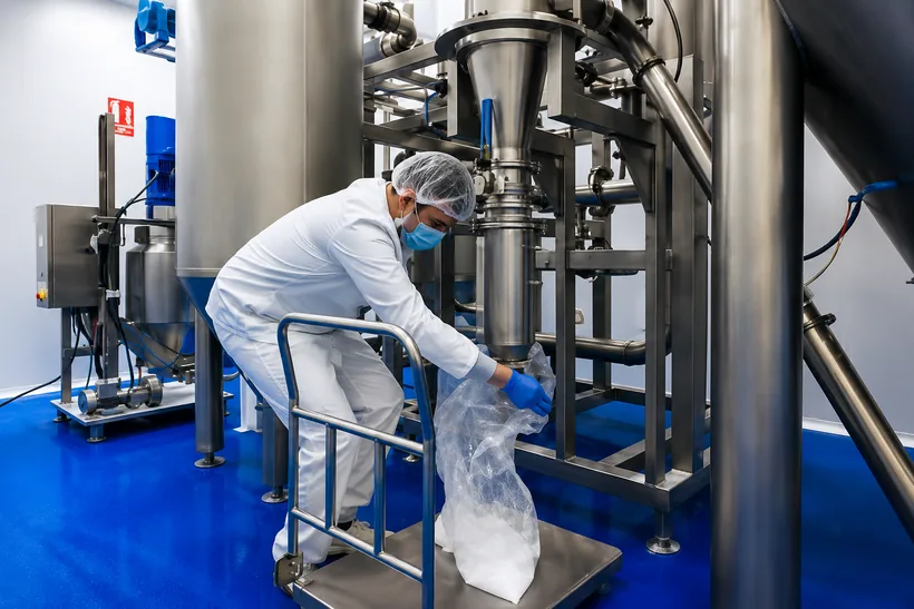Operator bagging material at processing tanks in the GMP plant